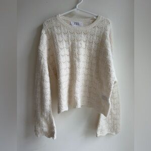 ZARA Girls Cream Open-Knit Scoop Neck Sweater